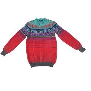 Neve Fair Isle Geometric Stripe Sweater Turquoise Red Gray Sz M fits like sm